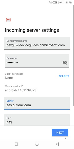 Enter Username and Exchange server address. Select NEXT
