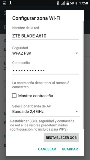 Introduzca una contraseña de punto de acceso Wi-Fi de al menos 8 caracteres y seleccione GUARDAR