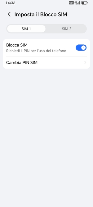 Seleziona SIM 1 o SIM 2 e seleziona  Cambia il PIN della SIM