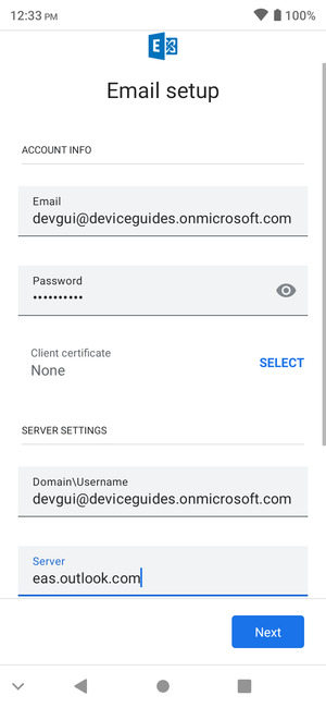 Enter Username and Exchange server address. Select Next