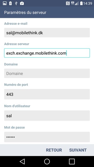 Saisissez l'adresse du serveur Exchange et le Nom d'utilisateur. Sélectionnez SUIVANT