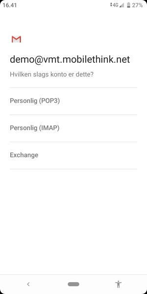 Vælg Personlig (POP3) eller Personlig (IMAP)