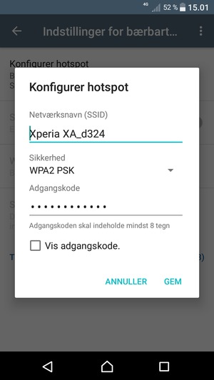 Indtast en Wi-Fi-hotspot adgangskode på minimum 8 tegn og vælg GEM