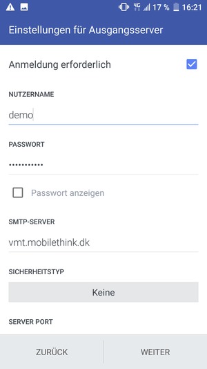 Geben Sie die Server-Adresse für ausgehende Post ein