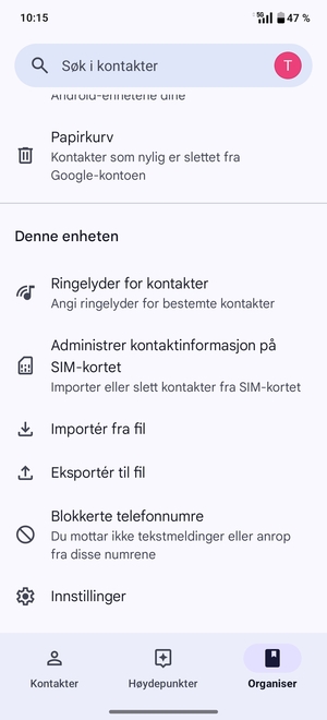 Bla til og velg Administrer kontakinformasjon på SIM-kortet