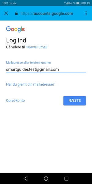 Indtast din Gmail adresse og vælg NÆSTE