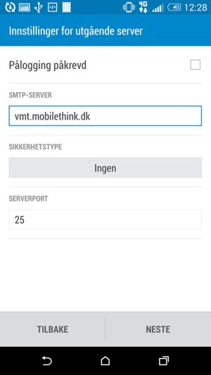 Skriv inn e-postinformasjon for utgående serverinnstillinger. Velg NESTE