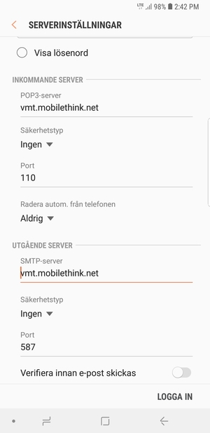 Stäng av Verifiera innan e-post skickas och välj LOGGA IN