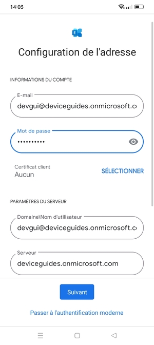 Saisissez votre Nom d'utilisateur et l'adresse du serveur Exchange. Sélectionnez Suivant