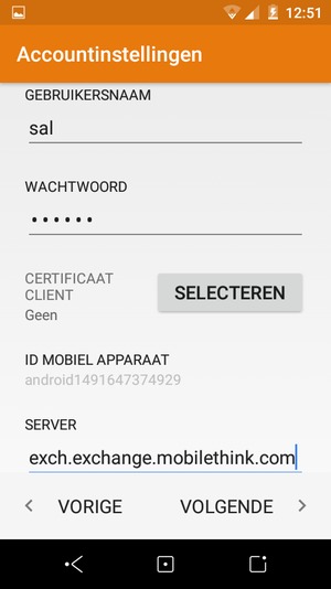 Voer GEBRUIKERSNAAM en Exchange serveradres in. Selecteer VOLGENDE