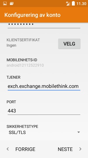 Bla ned og skriv inn Exchange serveradresse. Velg NESTE