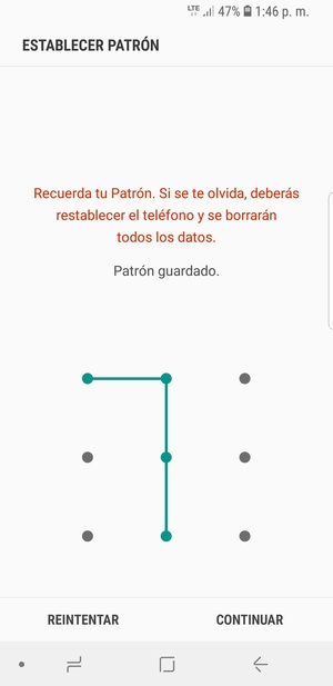 Dibuje un patrón de desbloqueo y seleccione CONTINUAR