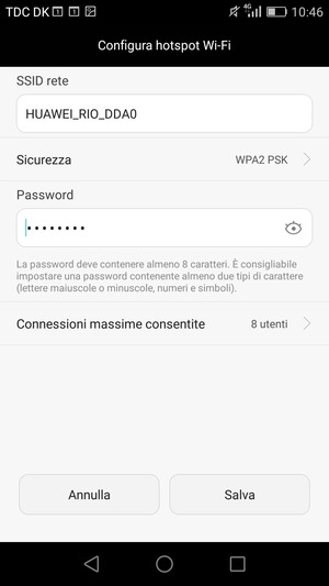 Inserisci una password dell'hotspot Wi-Fi di almeno 8 caratteri e seleziona Salva