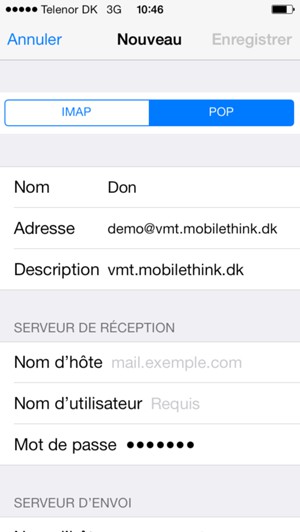 Sélectionnez POP ou IMAP et entrez les informations email pour Serveur de réception