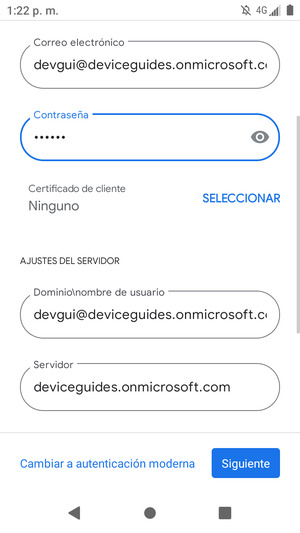 Introduzca Nombre de usuario y la dirección de servidor Exchange. Seleccione Siguiente