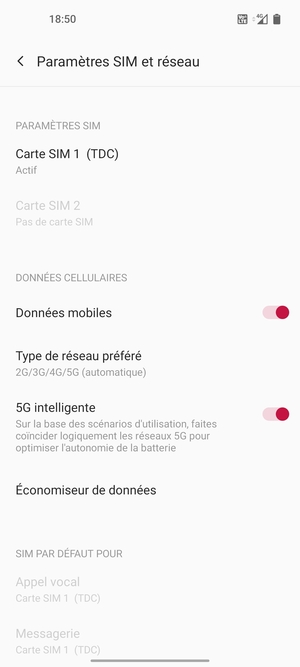 Sélectionnez Carte SIM 1 ou Carte SIM 2