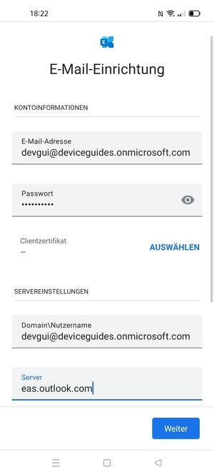 Geben Sie Benutzername und Exchange Server-Adresse ein. Wählen Sie Weiter