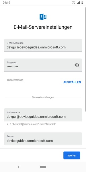 Geben Sie Benutzername und Exchange Server-Adresse ein. Wählen Sie Weiter