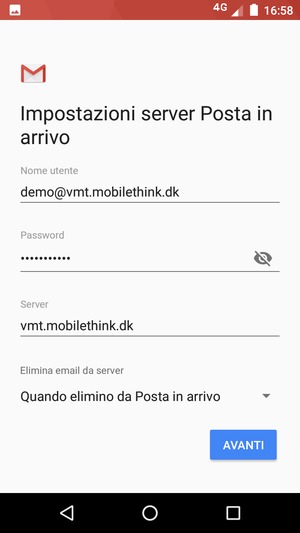 Inserisci Nome utente e l'indirizzo del server di posta in arrivo. Seleziona AVANTI