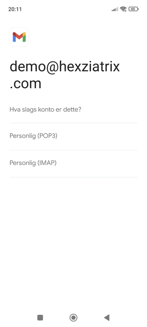 Velg Personlig (POP3) eller Personlig (IMAP)