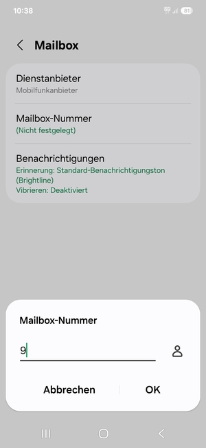 Geben Sie die Mailbox-Nummer ein und wählen Sie OK