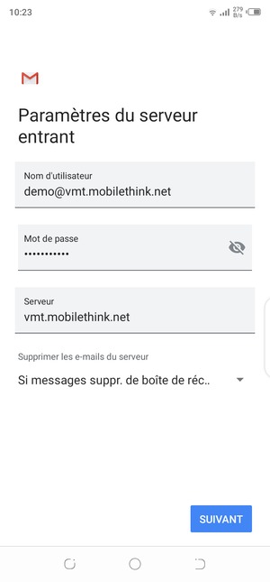 Saisissez votre Nom d'utilisateur et l'adresse du serveur entrant. Sélectionnez SUIVANT