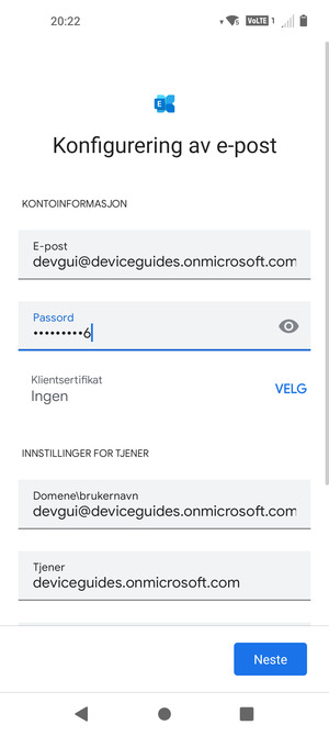 Skriv inn Brukernavn og Exchange serveradresse. Velg Neste