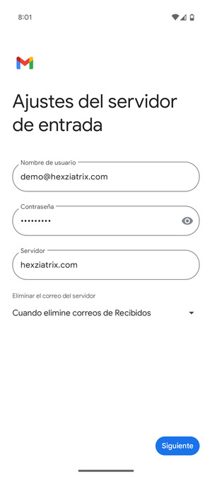 Introduzca Nombre de usuario y la dirección de servidor entrante. Seleccione Siguiente