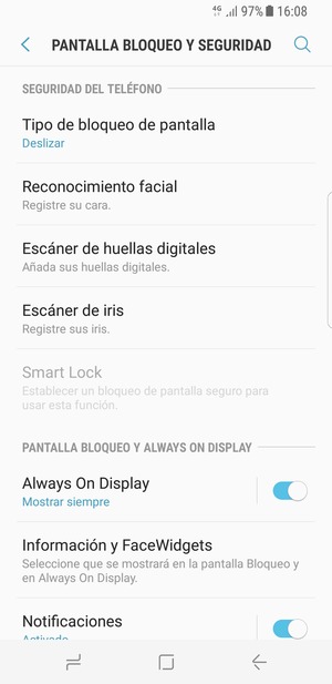Para activar su bloqueo de pantalla, vaya al menú Pantalla Bloqueo y seguridad y seleccione Tipo de bloqueo de pantalla