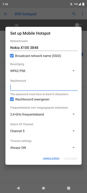 Voer een wachtwoord van een WiFi-hotspot in van ten minste 8 tekens en selecteer OK