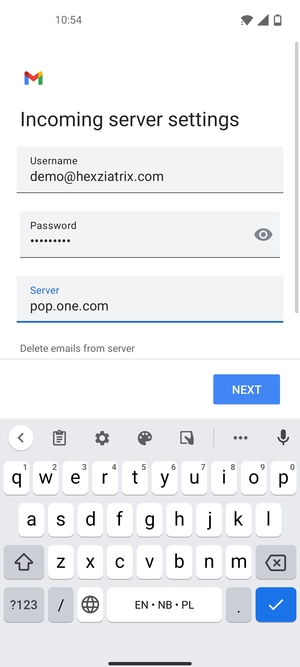 Enter Username and Incoming server address. Select NEXT