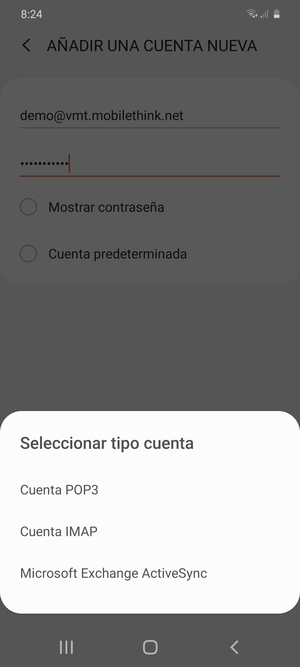 Seleccione Cuenta POP3 o Cuenta IMAP