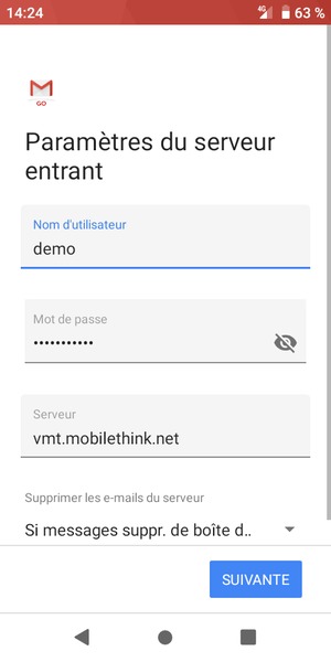 Saisissez votre Nom d'utilisateur et l'adresse du serveur entrant. Sélectionnez SUIVANTE