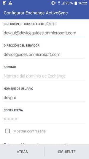 Introduzca dirección del servidor Exchange y Nombre de usuario. Seleccione SIGUIENTE