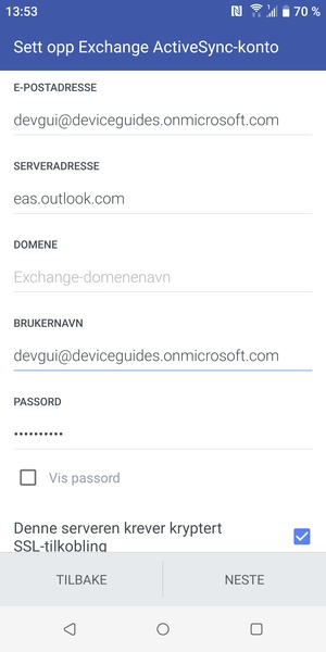 Skriv inn Brukernavn og Exchange serveradresse. Velg NESTE
