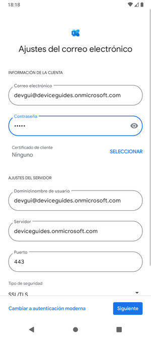 Introduzca Nombre de usuario y la dirección de servidor Exchange. Seleccione Siguiente