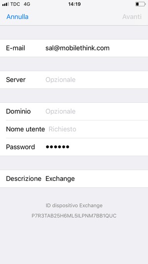 Inserisci informazioni email di Exchange e seleziona Avanti