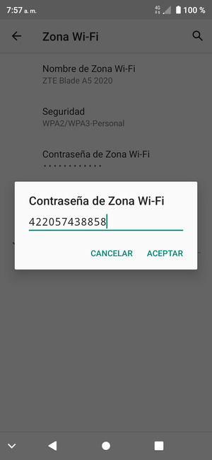Introduzca una contraseña de punto de acceso Wi-Fi de al menos 8 caracteres y seleccione ACEPTAR