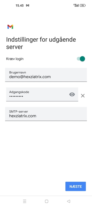 Indtast Udgående serveradresse og vælg NÆSTE
