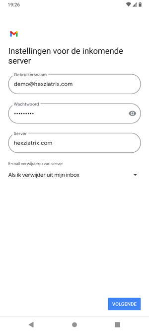 Voer Gebruikersnaam en Inkomende serveradres in. Selecteer VOLGENDE