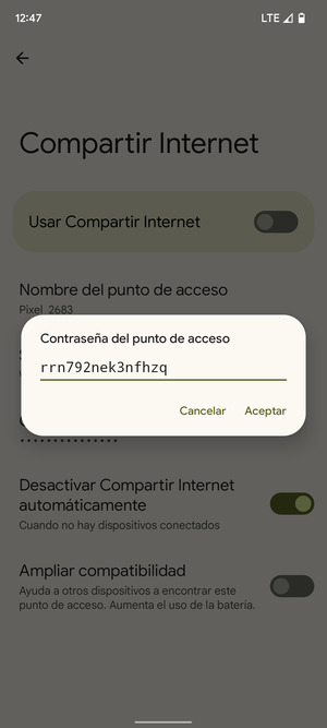 Introduzca una contraseña de punto de acceso Wi-Fi de al menos 8 caracteres y seleccione Aceptar