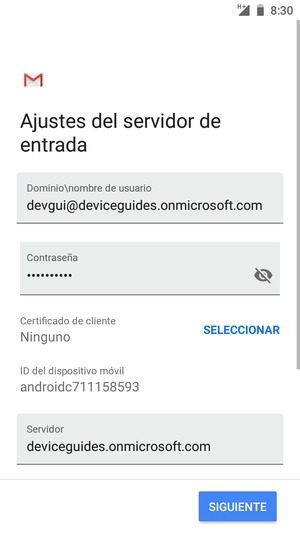 Introduzca Nombre de usuario y la dirección de servidor Exchange. Seleccione SIGUIENTE