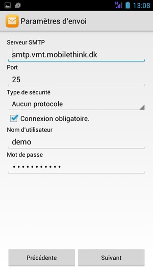 Saisissez l'adresse du serveur sortant