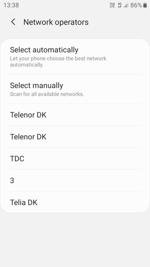 Select a network operator from the list