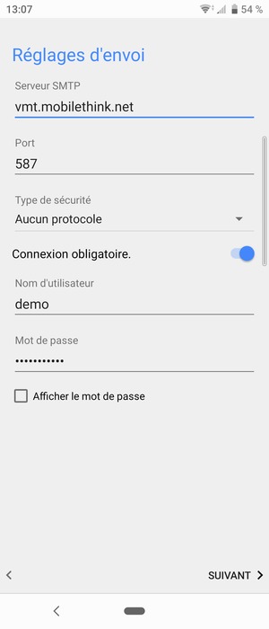 Saisissez l'adresse du serveur sortant