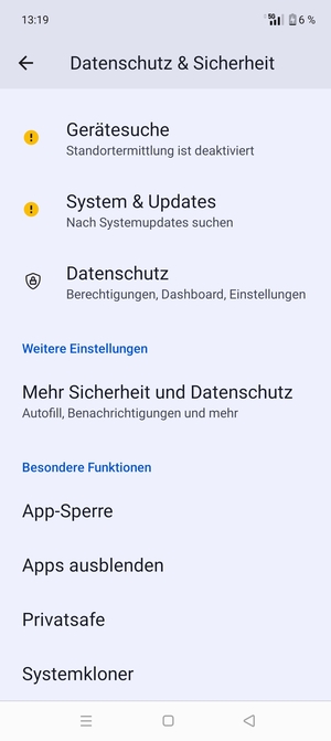 Scrollen Sie und wählen Sie Mehr Sicherheit und Datenschutz