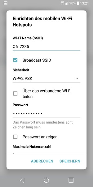 Geben Sie ein Passwort mit mindestens 8 Zeichen ein und wählen Sie SPEICHERN