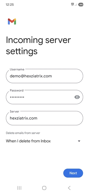 Enter Username and Incoming server address. Select Next