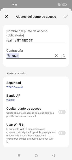 Introduzca una contraseña de punto de acceso Wi-Fi de al menos 8 caracteres y seleccione Aceptar