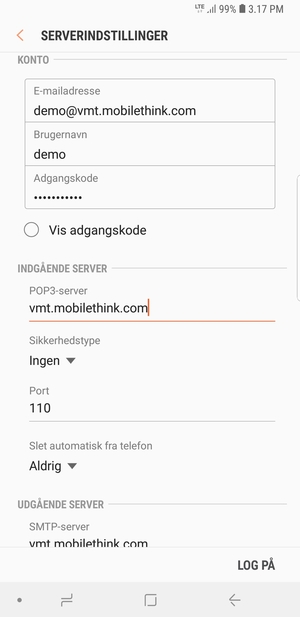 Indtast Brugernavn og Indgående serveradresse
